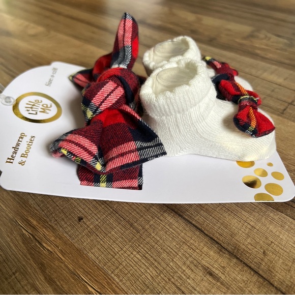 Nwt Little Me Set Plaid Red Blue Head wrap & Booties 0 - 12 Months Baby Girl - Picture 3 of 5